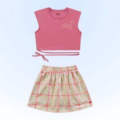 Imagem de Conjunto Infantil Verão Menina Cropped Com Amarração E Short Saia Tam 4 a 10 - Fakini