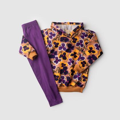 Imagem de Conjunto Inverno Menina Marrom Blusão Com Capuz e Legging em Cotton Folhas e Flores