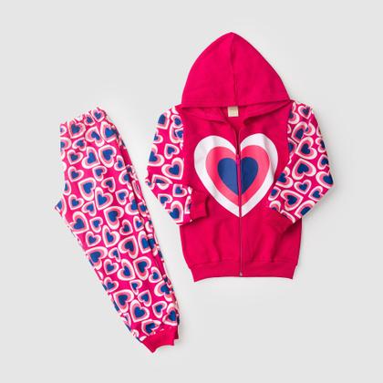 Imagem de Conjunto Inverno Menina Pink Jaqueta Com Capuz e Calça em Moletom Corações