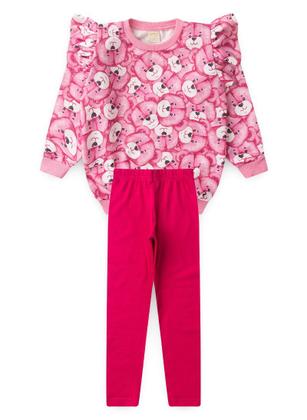 Imagem de Conjunto Inverno Menina Rosa Blusão com Babado e Legging em Cotton Ursinhos