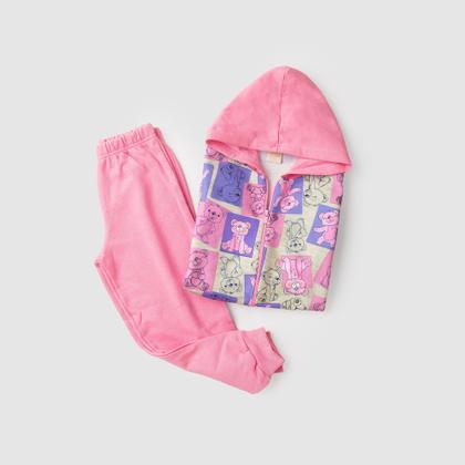 Imagem de Conjunto Inverno Menina Rosa Jaqueta Com Capuz e Calça em Moletom Ursinho