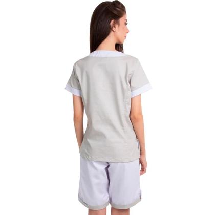 Imagem de Conjunto Jaleco Bermuda Domestica Camareira Copeira Faxineira Babá Bege e Branco