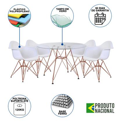 Imagem de Conjunto Jantar Mesa Redonda Vidro Eames Eiffel 90cm com 4 Poltronas Brancas Ferro Cobre