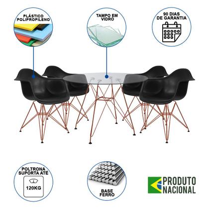 Imagem de Conjunto Jantar Mesa Redonda Vidro Eames Eiffel 90cm com 4 Poltronas Pretas Ferro Cobre