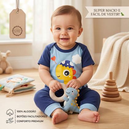 Imagem de Conjunto Jardineira Bebe Menino Dinossauro Algodão Luxo Roupa Mesversario Tematica Festa Salopete