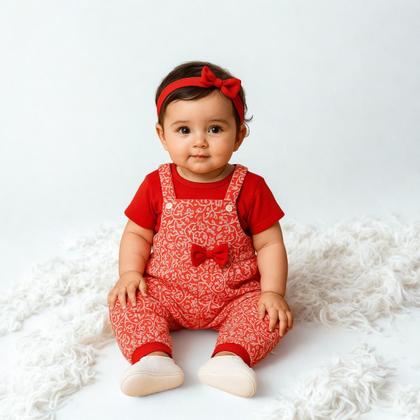 Imagem de Conjunto Jardineira e Camiseta Vermelha Bebê Algodão 3 a 6 Meses  Dengodê