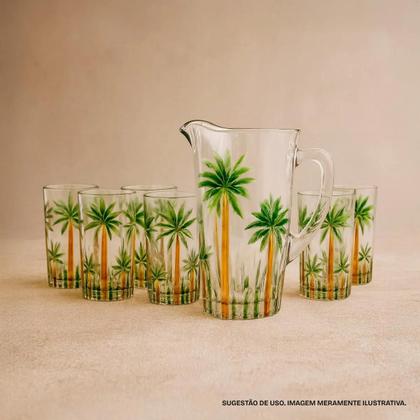 Imagem de Conjunto Jarra Com 6 Copos De Cristal Palm Tree Handpaint Vidro Fino, Design Sofisticado Pintado, Ideal Para Servir Bebidas Com Estilo E Elegância
