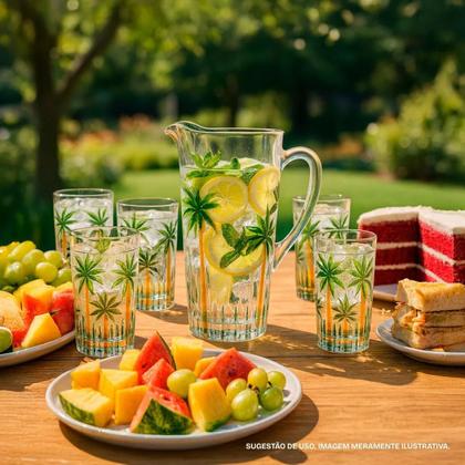 Imagem de Conjunto Jarra Com 6 Copos De Cristal Palm Tree Handpaint Vidro Fino, Design Sofisticado Pintado, Ideal Para Servir Bebidas Com Estilo E Elegância