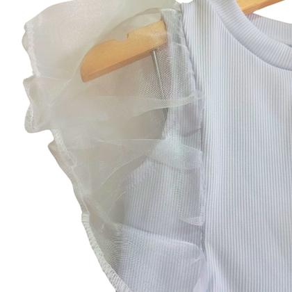 Imagem de Conjunto Jeans Infantil Meninas -Short+Cinto+Blusinha Manga Tule- Festas-Natal-Ano Novo- Manu -Unicórnio Arco iris-