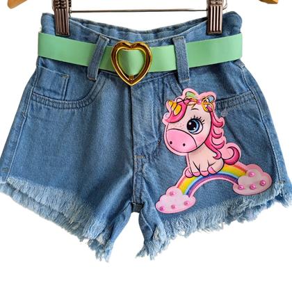 Imagem de Conjunto Jeans Infantil Meninas -Short+Cinto+Blusinha Manga Tule- Festas-Natal-Ano Novo- Manu -Unicórnio Arco iris-