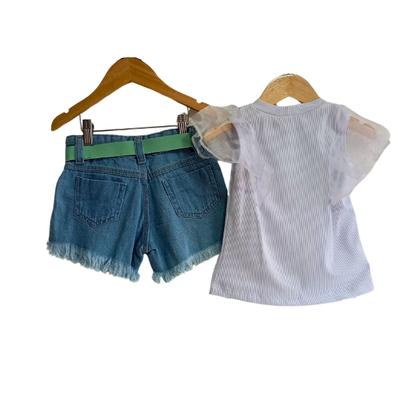 Imagem de Conjunto Jeans Infantil Meninas -Short+Cinto+Blusinha Manga Tule- Festas-Natal-Ano Novo- Manu -Unicórnio Arco iris-