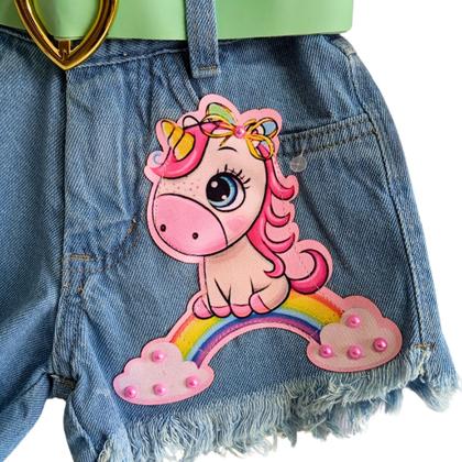Imagem de Conjunto Jeans Infantil Meninas -Short+Cinto+Blusinha Manga Tule- Festas-Natal-Ano Novo- Manu -Unicórnio Arco iris-