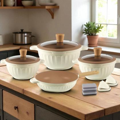 Imagem de Conjunto Jogo De Panelas 11 Peças Antiaderente Indução Gás Revestido Cerâmica Granito