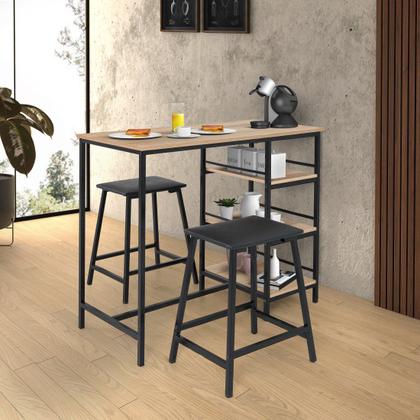 Imagem de Conjunto jogo mesa bancada gourmet ciplafe 2 banquetas stilo tubo preto fosco tampo madeira carvalho montreal 1,02m assento preto