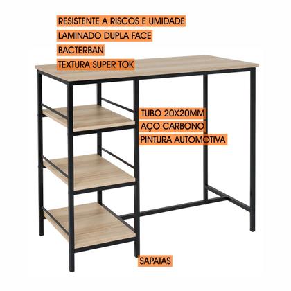 Imagem de Conjunto jogo mesa bancada gourmet ciplafe 2 banquetas stilo tubo preto fosco tampo madeira carvalho montreal 1,02m assento preto