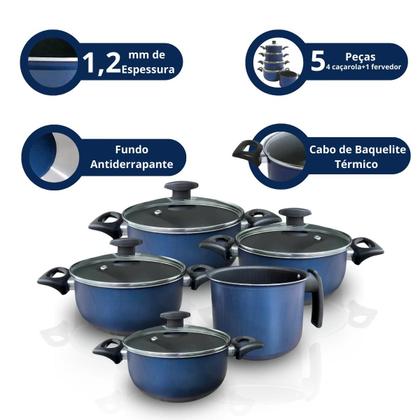 Imagem de Conjunto jogo panelas caçarola c/ fervedor antiaderente azul tampa vidro 