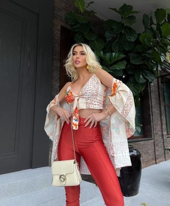 Imagem de Conjunto Kimono E Cropped Bojo Estampado Viscose Lastex