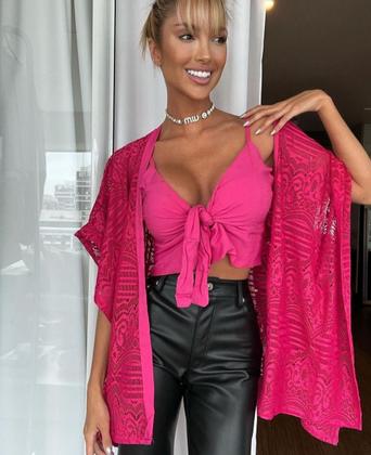 Imagem de Conjunto Kimono E Cropped Bojo Estampado Viscose Lastex