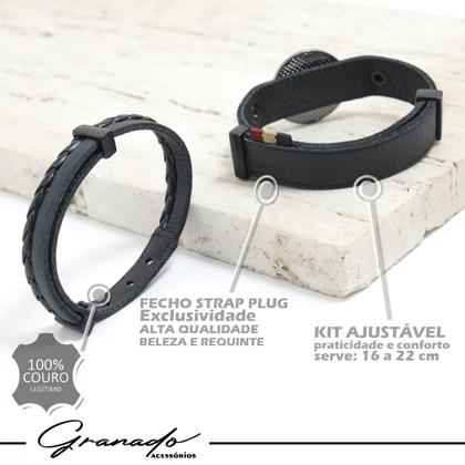 Imagem de Conjunto KIT 04 Pulseiras de Couro Preto SÃO JORGE e Pedras Naturais e Fecho Strap Plug Ajustável