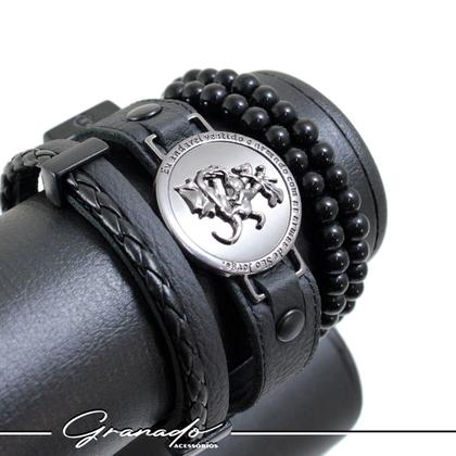 Imagem de Conjunto KIT 04 Pulseiras de Couro Preto SÃO JORGE e Pedras Naturais e Fecho Strap Plug Ajustável