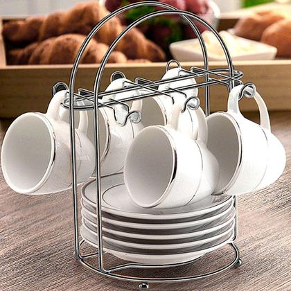 Imagem de Conjunto Kit 2 Porta Xícara E Pires Com 6 Ganchos Suporte Aço Inox