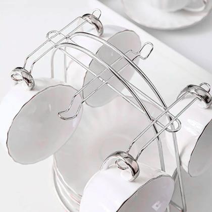 Imagem de Conjunto Kit 2 Porta Xícara E Pires Com 6 Ganchos Suporte Aço Inox