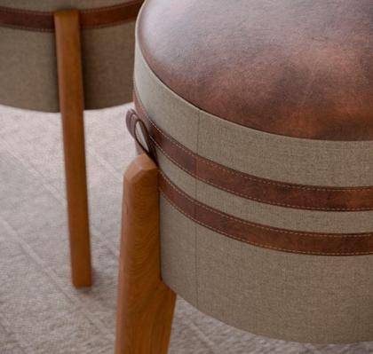 Imagem de Conjunto kit 2 Puff Banqueta Linho e Couro Pix Bege