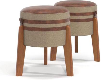 Imagem de Conjunto kit 2 Puff Banqueta Linho e Couro Pix Bege