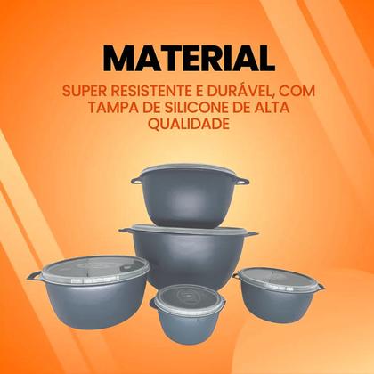 Imagem de Conjunto Kit 5 Potes Organizadores Bowls Tampa Transparente Plástico Livre BPA Cinza