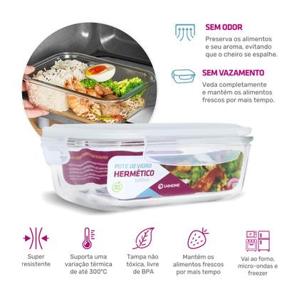 Imagem de Conjunto Kit 5 Potes Vidro Hermético Retangular Tampa Marmita Mantimentos 640ml