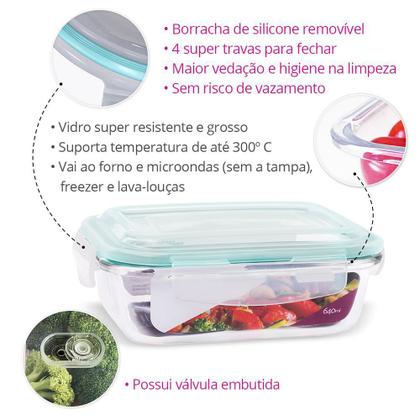Imagem de Conjunto Kit 5 Potes Vidro Hermético Retangular Tampa Marmita Mantimentos 640ml
