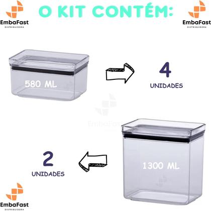 Imagem de Conjunto Kit 6 Potes Herméticos Retangular Porta Mantimento Acrílico Empilháveis Lumini Paramount Organiza Cozinha