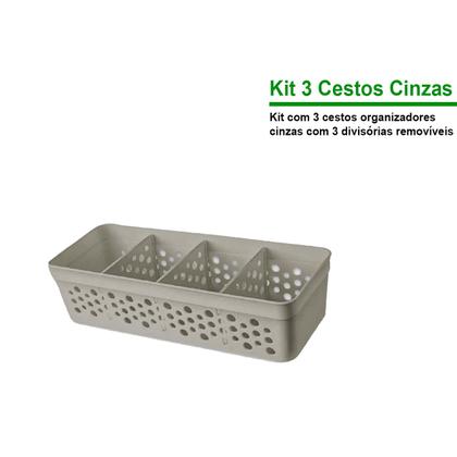Imagem de Conjunto Kit Com 3 Cestos Pequeno Multiuso Organizador 3 Divisórias Design Vazado Moderno