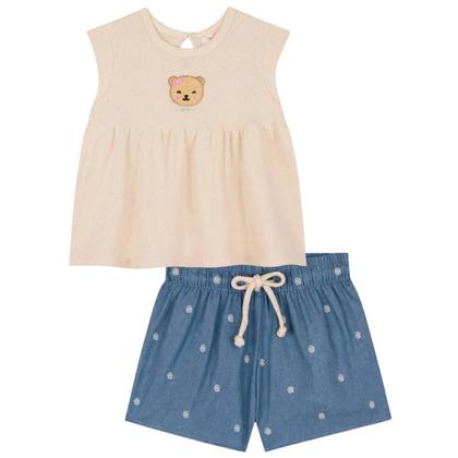 Imagem de Conjunto Kukiê Bata Little E Short Bordado Bege Claro Verão