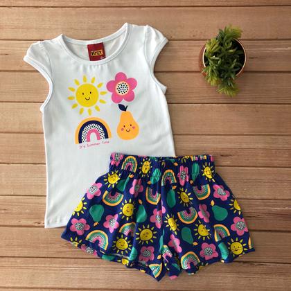 Imagem de Conjunto Kyly Infantil Menina Blusa Short Mangas Curtas Estampa De Sol Flor Estação Quente