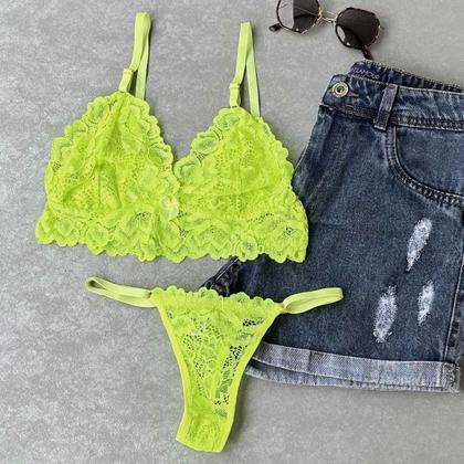 Imagem de Conjunto Langerie sexy Sem Bojo Calcinha Fio Rendada Sensual Sem Ferrinho