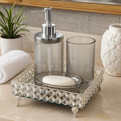 Imagem de Conjunto Lavabo Banheiro Dispenser Líquido Bandeja Espelhada