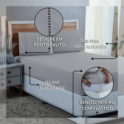 Imagem de Conjunto Lençol Super King Ponto Palito 300 Fios 100% Algodão com Elástico 3 peças