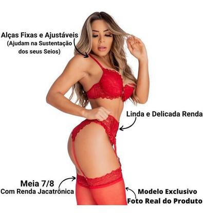 Imagem de Conjunto Lingerie Cinta-liga De Renda Completo Com Meia 7/8 de Presente