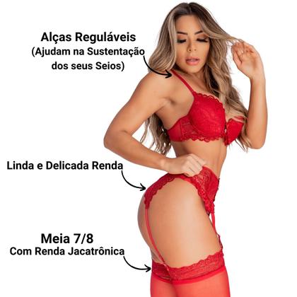 Imagem de Conjunto Lingerie Cinta-liga De Renda Completo Com Meia 7/8 de Presente
