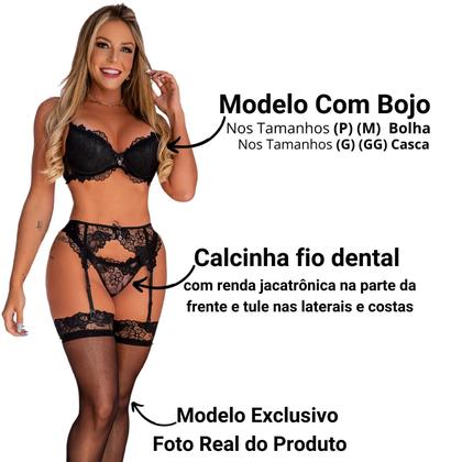 Imagem de Conjunto Lingerie Cinta-liga De Renda Completo Com Meia 7/8 de Presente