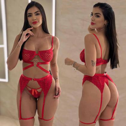 Imagem de Conjunto Lingerie Cinta Liga Renda Meia Taça Sexy Calcinha Fio Sensual Transparente