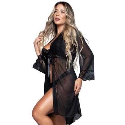 Imagem de Conjunto Lingerie Com Aro Sem bojo e Robe feminino Sexy em Renda e Tule Combo Linha Noite
