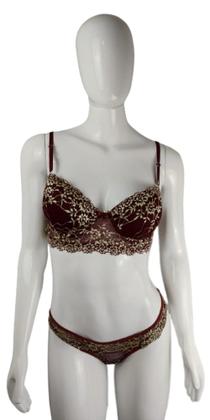 Imagem de Conjunto Lingerie de Renda Calcinha Fio Duplo e Sutiã com Bojo e Aro Cores Escuras - Tamanho G