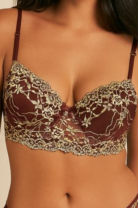 Imagem de Conjunto Lingerie de Renda Calcinha Fio Duplo e Sutiã com Bojo e Aro Cores Escuras - Tamanho G