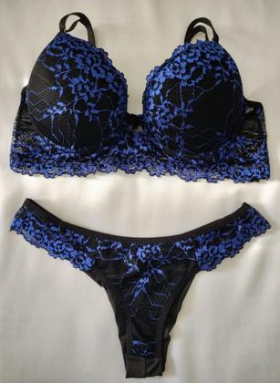 Imagem de Conjunto Lingerie de Renda Calcinha Fio Duplo e Sutiã com Bojo e Aro Cores Escuras - Tamanho G