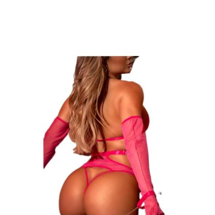 Imagem de Conjunto lingerie em tule Rosa chiclete c/ luvas e ligas