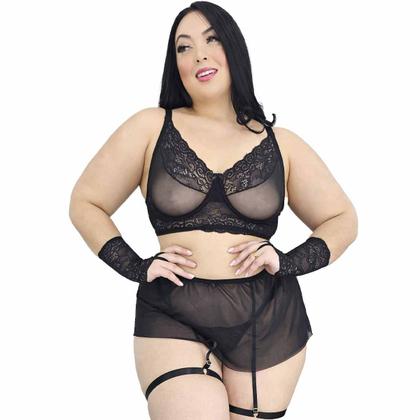 Imagem de Conjunto Lingerie Plus Size Cinta Liga Saia Tule Transparência Calcinha fio Luvas