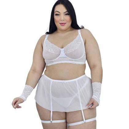 Imagem de Conjunto Lingerie Plus Size Cinta Liga Saia Tule Transparência Calcinha fio Luvas