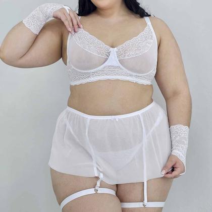 Imagem de Conjunto Lingerie Plus Size Cinta Liga Saia Tule Transparência Calcinha fio Luvas